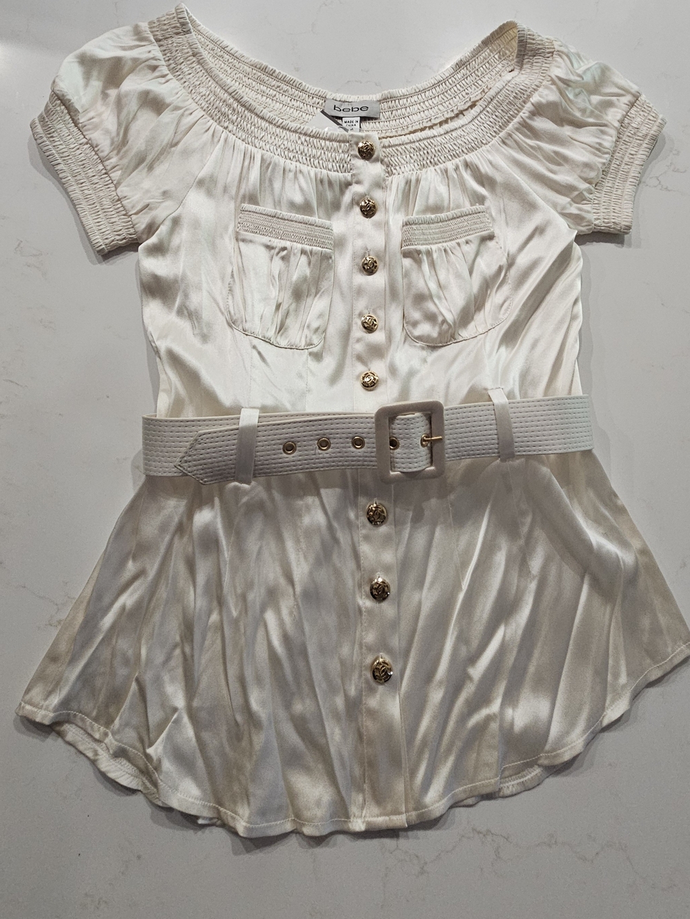 Bebe Off-The-Shoulder Satin Blouse with Gold Buttons M